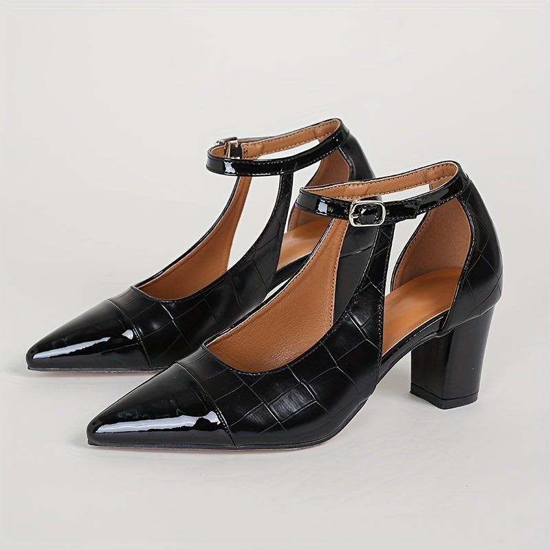 Women's Pointed Toe Chunky Heel Pumps with Ankle Strap Brown