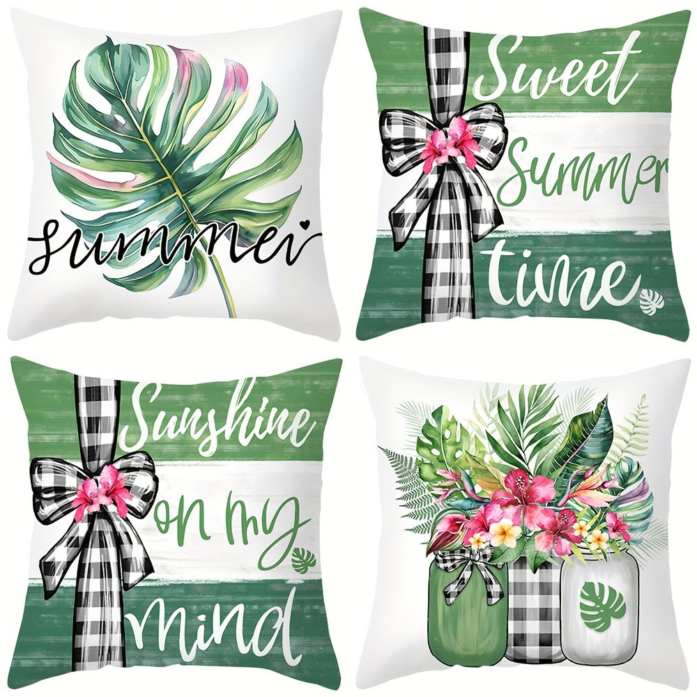 Green Leaves Throw Pillow Cover 43.99cm Square Stain-Resistant Polyester Hidden Zip