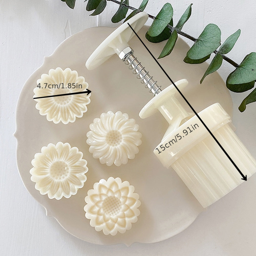 Moon Cake Mold Set with 4 Stamps, Daisy Shape, Pastry DIY Cookie Tools