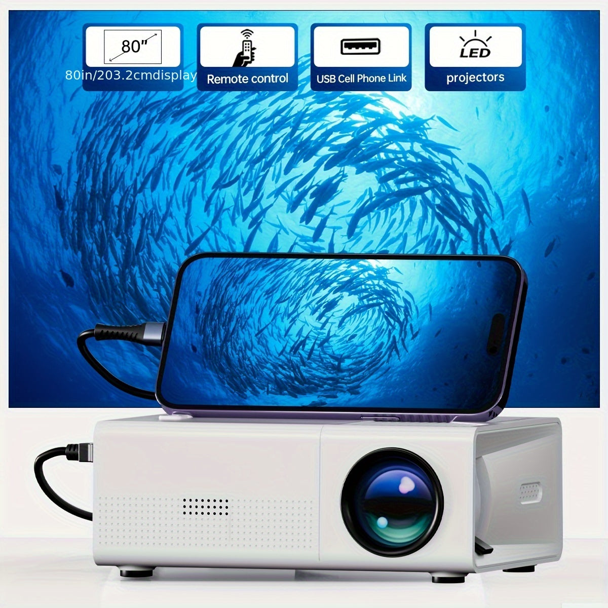 Mini portativ proyektor Full HD 1080P uy kinoteatri smartfon ekranini ulash