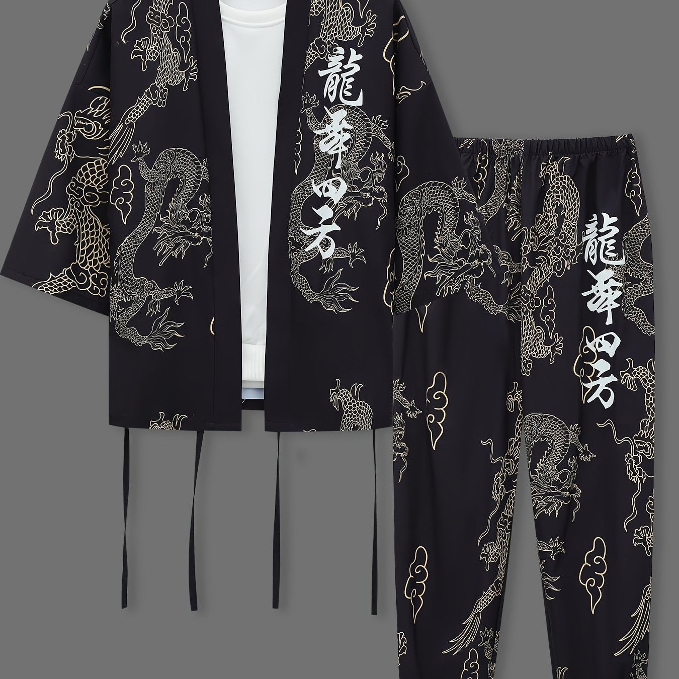 Men's Dragon Print Kimono Robe Set Casual Polyester Loungewear with Matching Pants for Spring Autumn