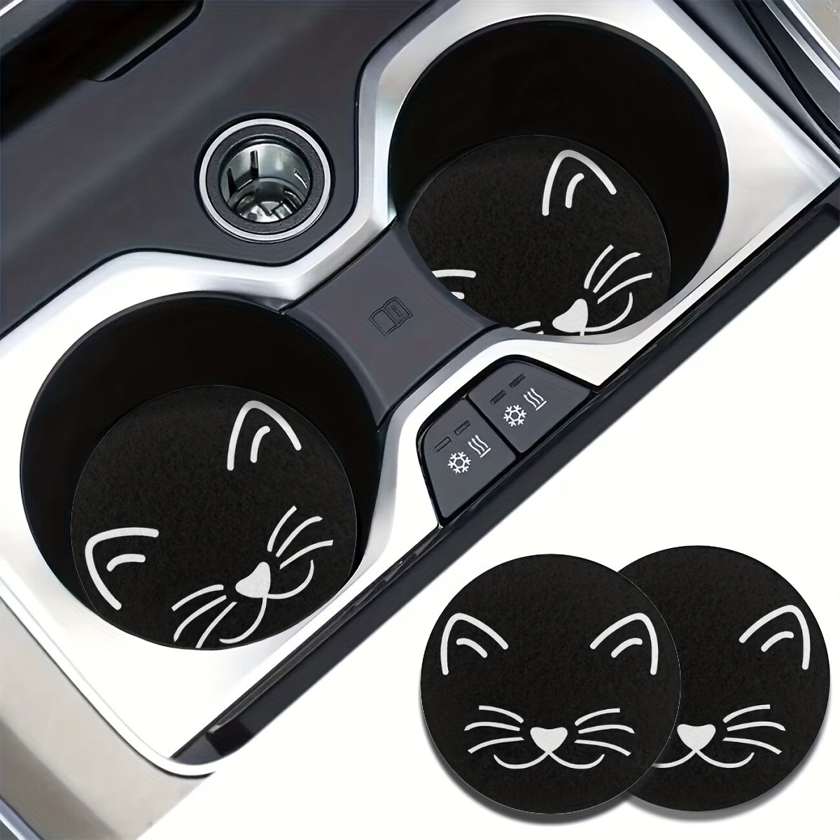 2pcs Black and White Cat Pattern Absorbent Rubber Car Coasters for Cars and Home