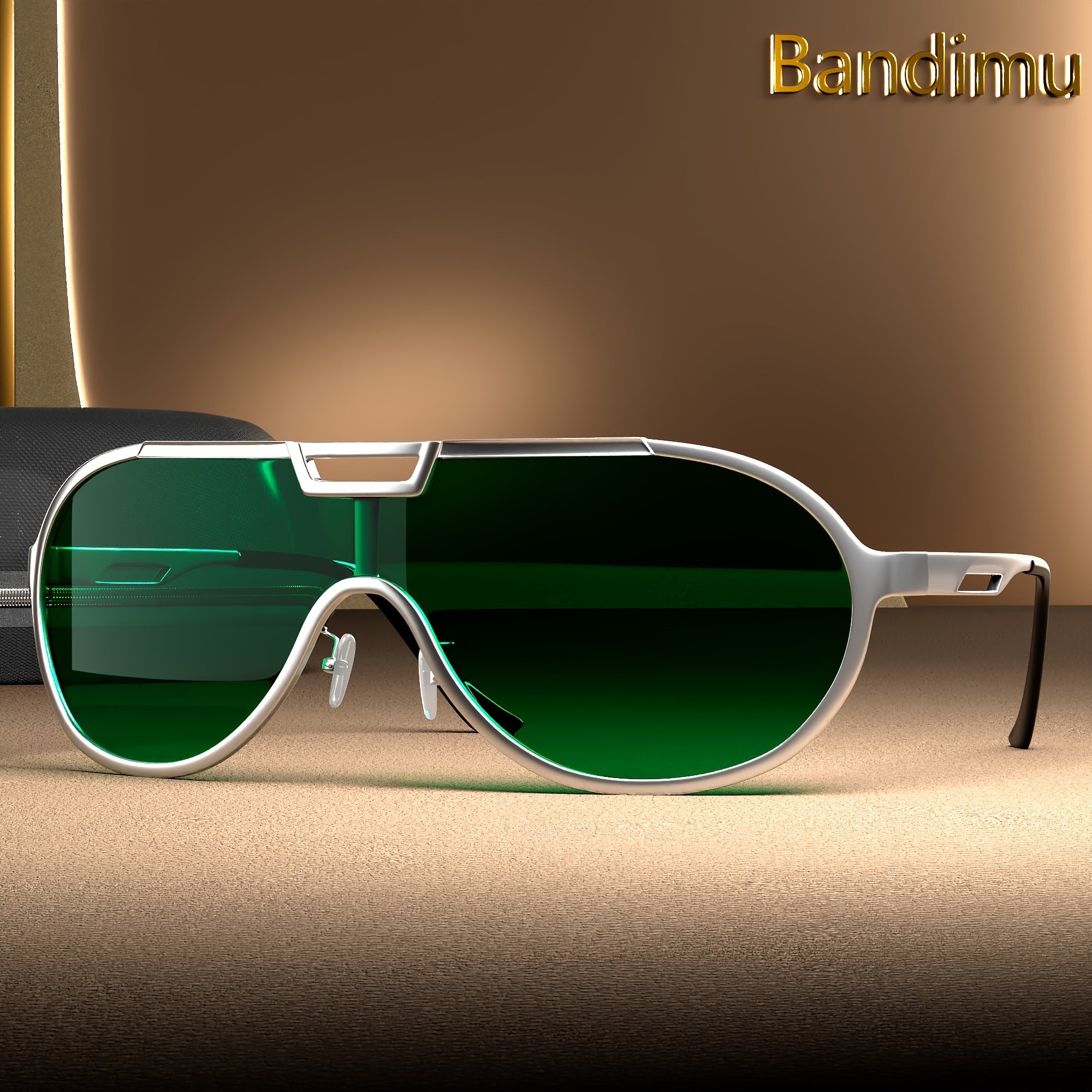 Tashqarida velosiped va ko'chalar uslubiga mo'ljallangan katta o'lchamli oltin ramkali quyosh ko'zoynaklari, himoya qutisi bilan