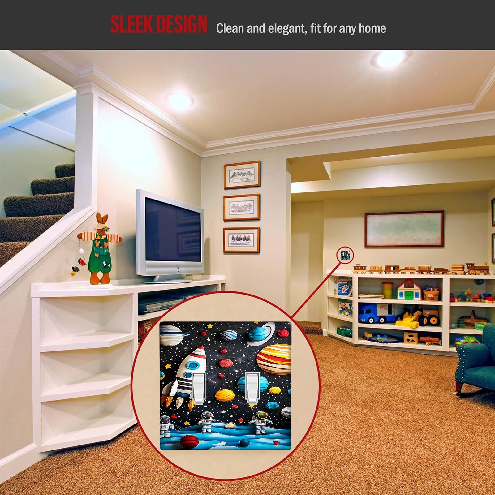 Cubierta de interruptor de luz de cohete de dibujos animados y planetas, fácil de instalar