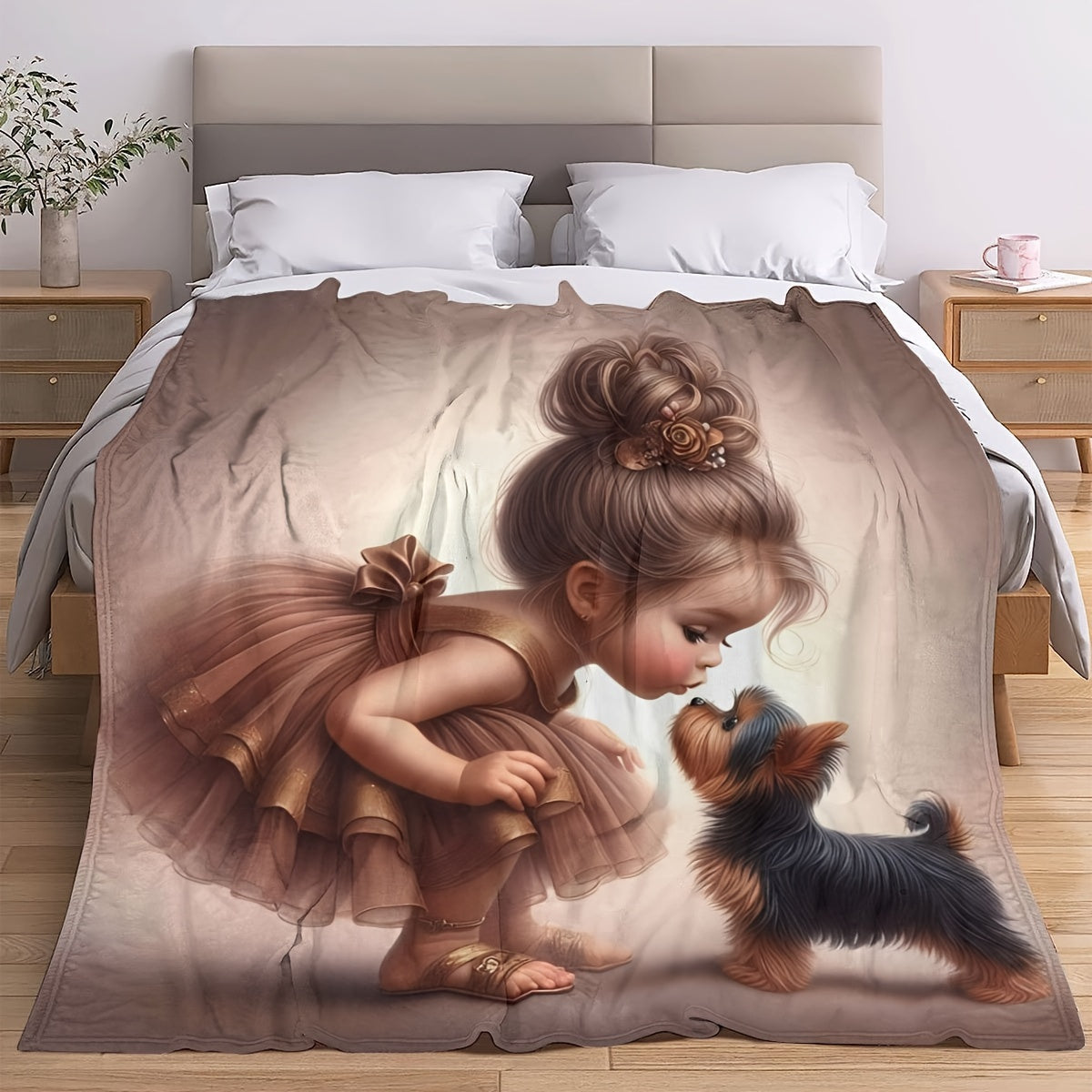 Soft Flannel Throw Blanket with Girl and Puppy Design Cozy Versatile for Couch Bed Office Travel