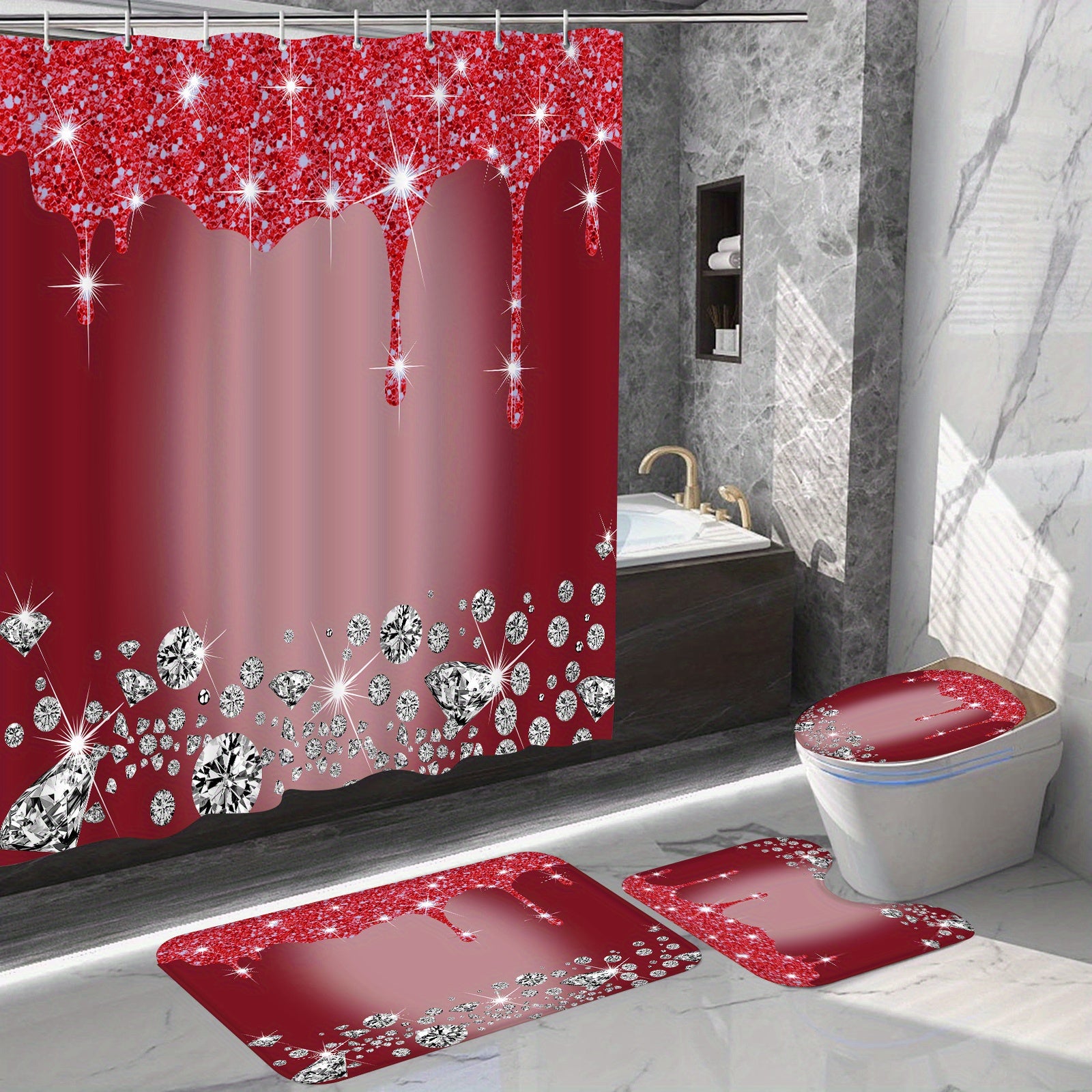 4-Piece Bathroom Set with Diamond Shower Curtain, Non-Slip Rugs, Toilet Cover Mat and Room Partition