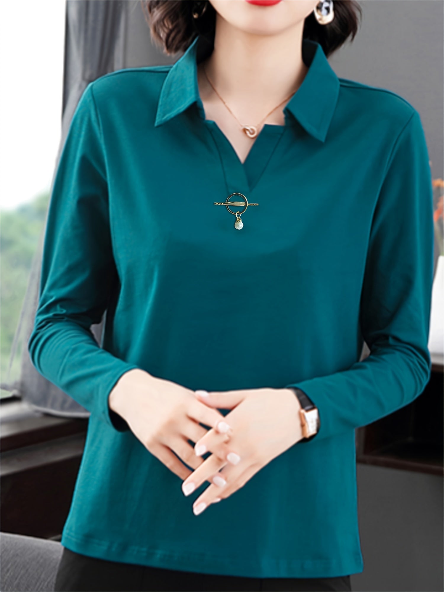 Women's Solid Color Long Sleeve Collared T-Shirt for Spring and Fall