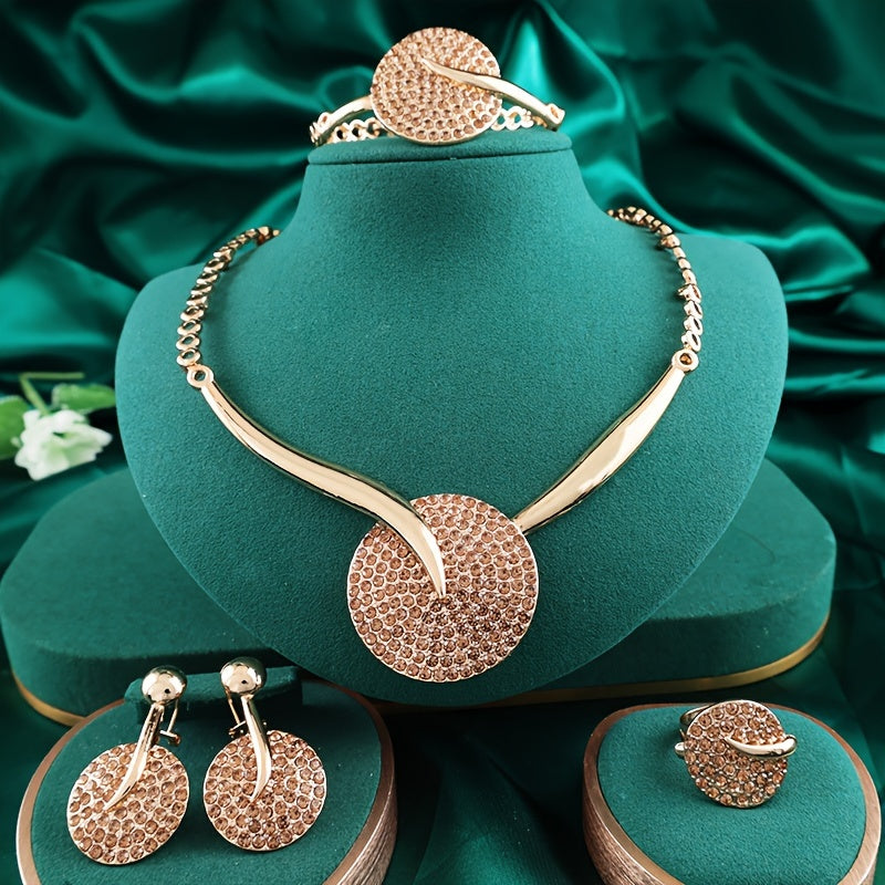 Gold-Plated Jewelry Set with Vibrant Crystals Necklace Bracelet Earrings Ring for Weddings and Gifts