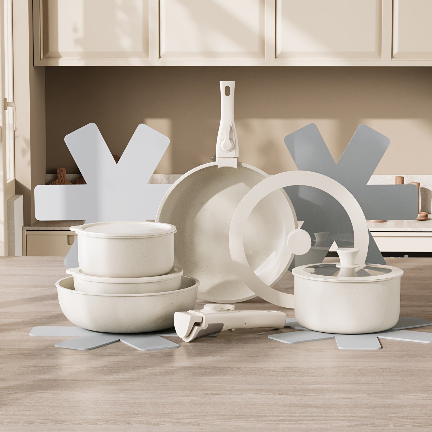 Juego de utensilios de cocina antiadherentes de 15 piezas con mangos desmontables para inducción y camping