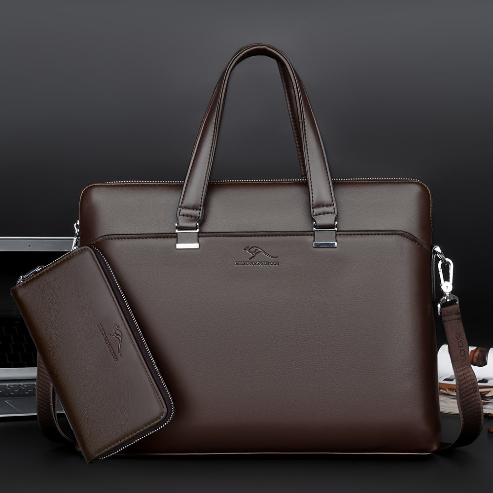 Men's Minimalist Black PU Leather Handbag Set with Computer Briefcase for Office