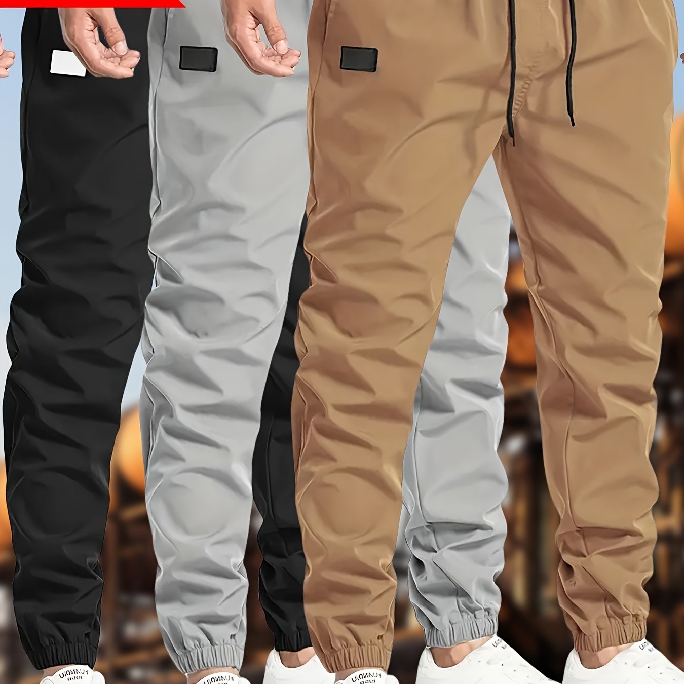 Men's Polyester Drawstring Joggers Casual Cargo Pants in Black Dark Gray Olive Green