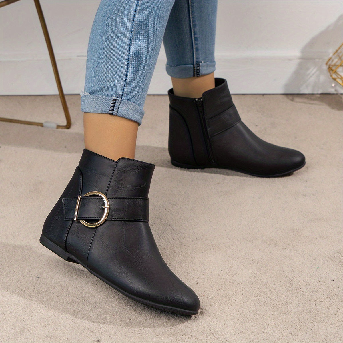 Women Leather Side Zipper Ankle Boots with Big Buckle