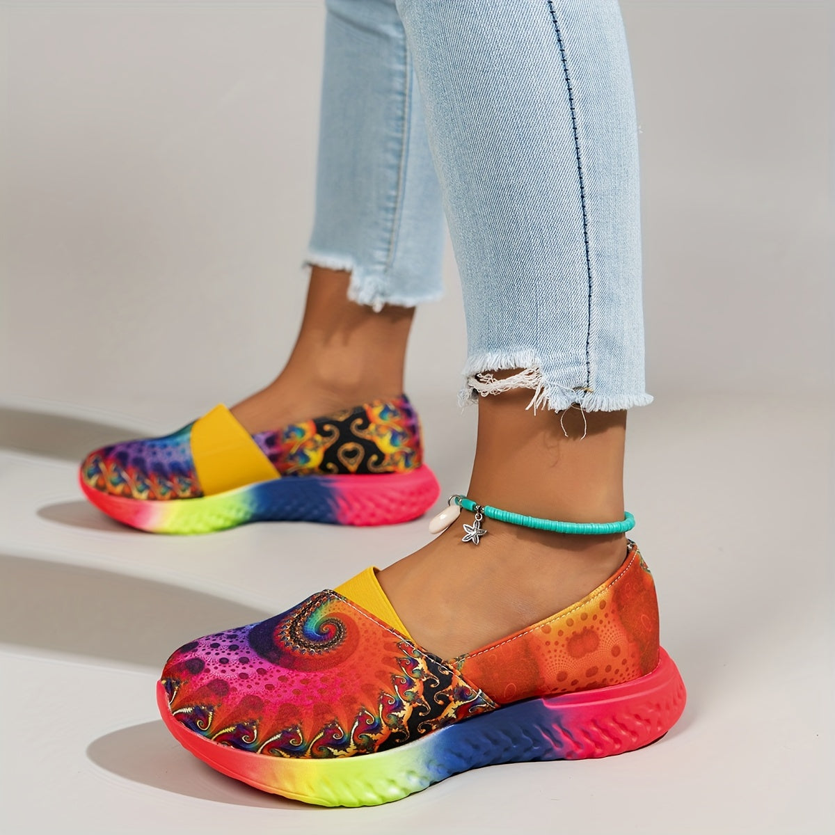 Women's Rainbow Tie-Dye Slip-On Sneakers Lightweight Casual Fabric Low Top