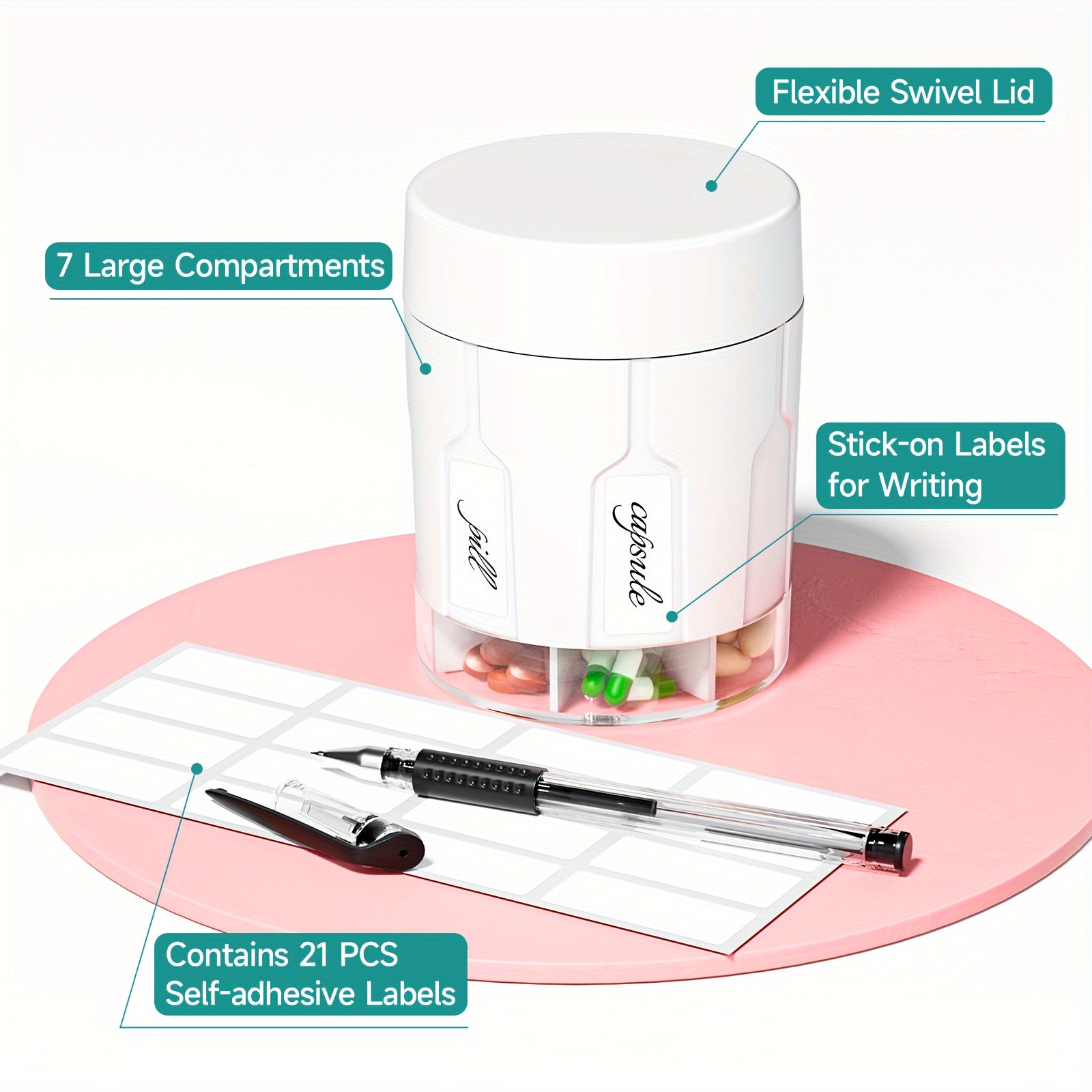 Large Pill Organizer Dispenser for Adults with 7 Compartments Travel Medication Box