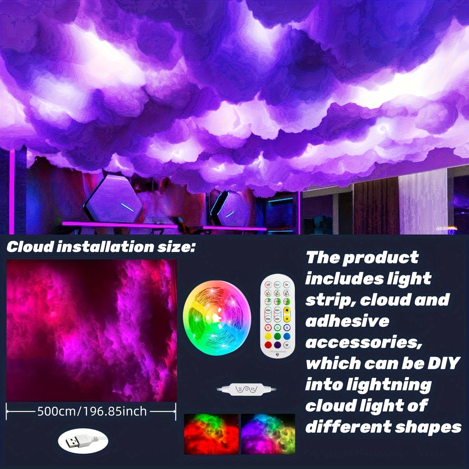 5m RGB LED Cloud Light Kit with Music Sync App Control USB Powered for Bedroom Gaming Party