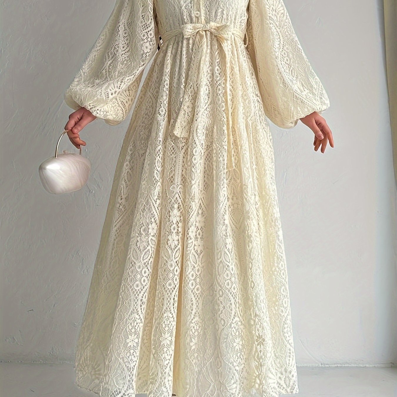 Women Middle Eastern Lace Collar Robe Dress Polyester Solid Color All Season
