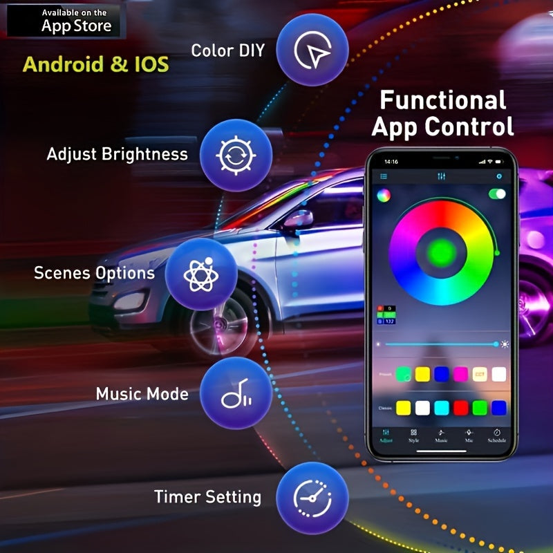16m RGB Avtomobil ichki LED chiziq chiroqlari, simsiz ilova boshqaruvi, musiqa sinxronizatsiyasi, optik tolali to'plam