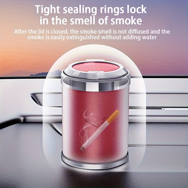 Car Ashtray with PU Leather Anti-Flying Ash Design LED Automatic Lighting Replaceable Battery Black