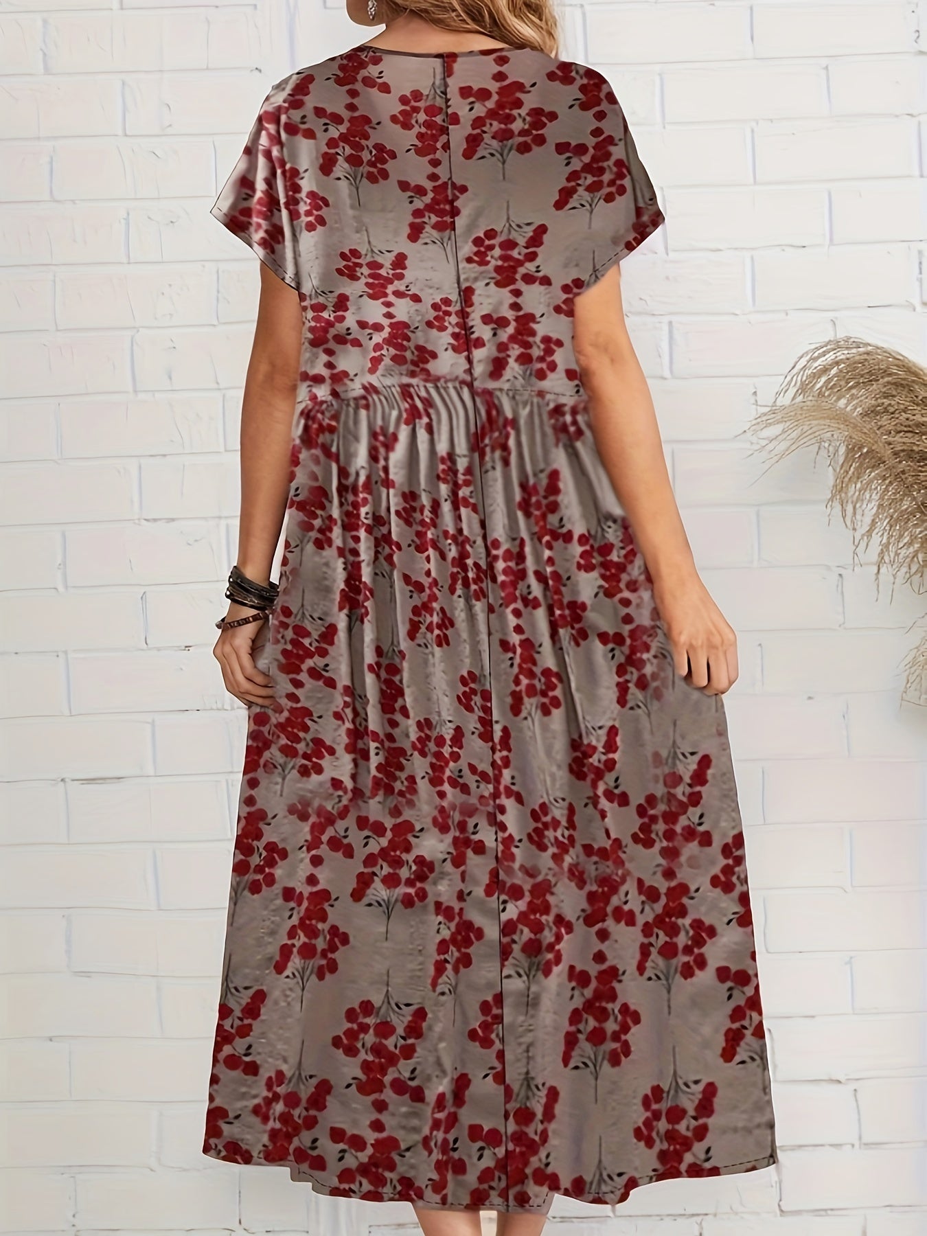 Women's Floral Print Polyester A-Line Midi Dress with Drop Shoulder Sleeves for Spring Summer Fall