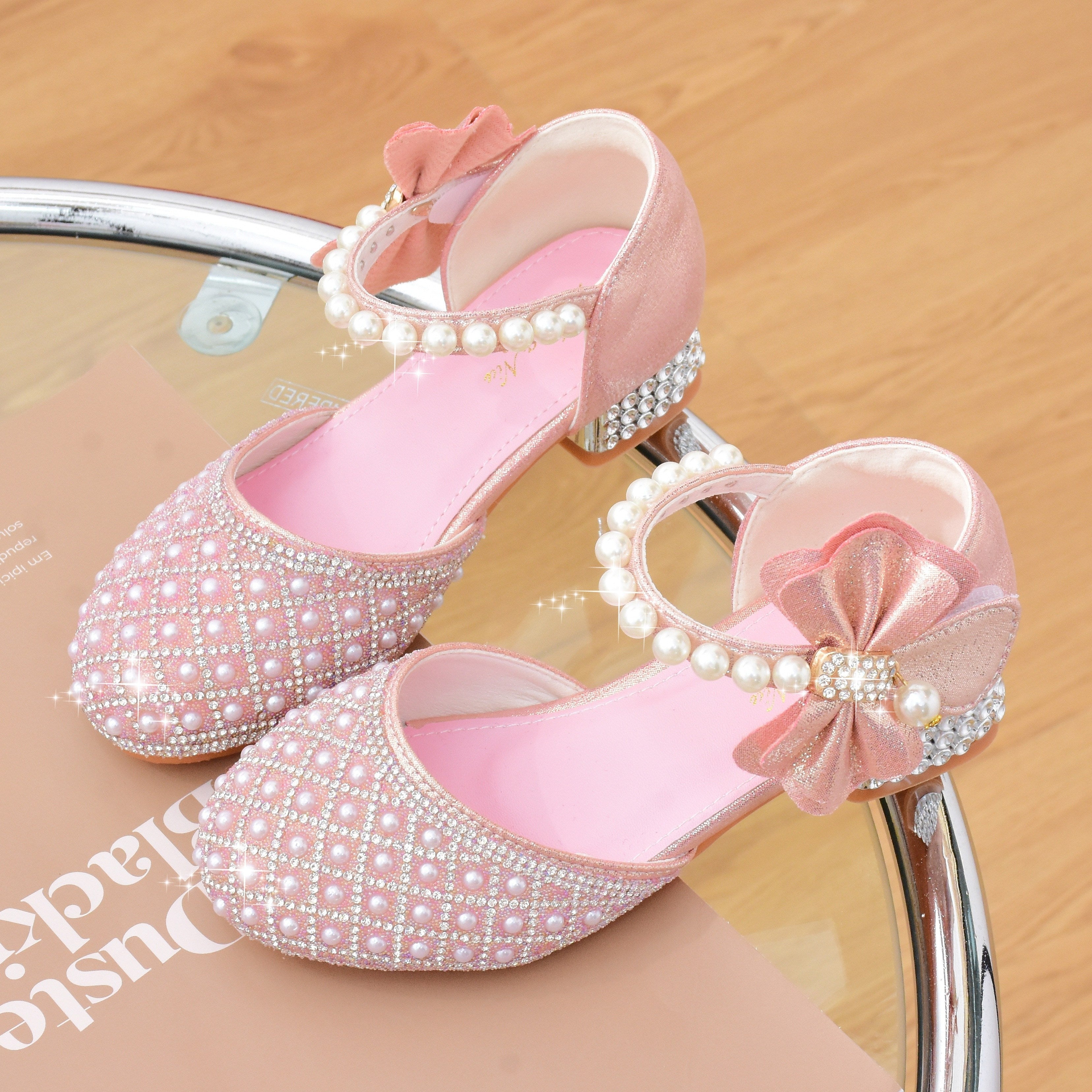 Girls Glitter Rhinestone Princess Shoes with Pearl Bow Block Heel Non-Slip Sole for School Dance Wedding Party