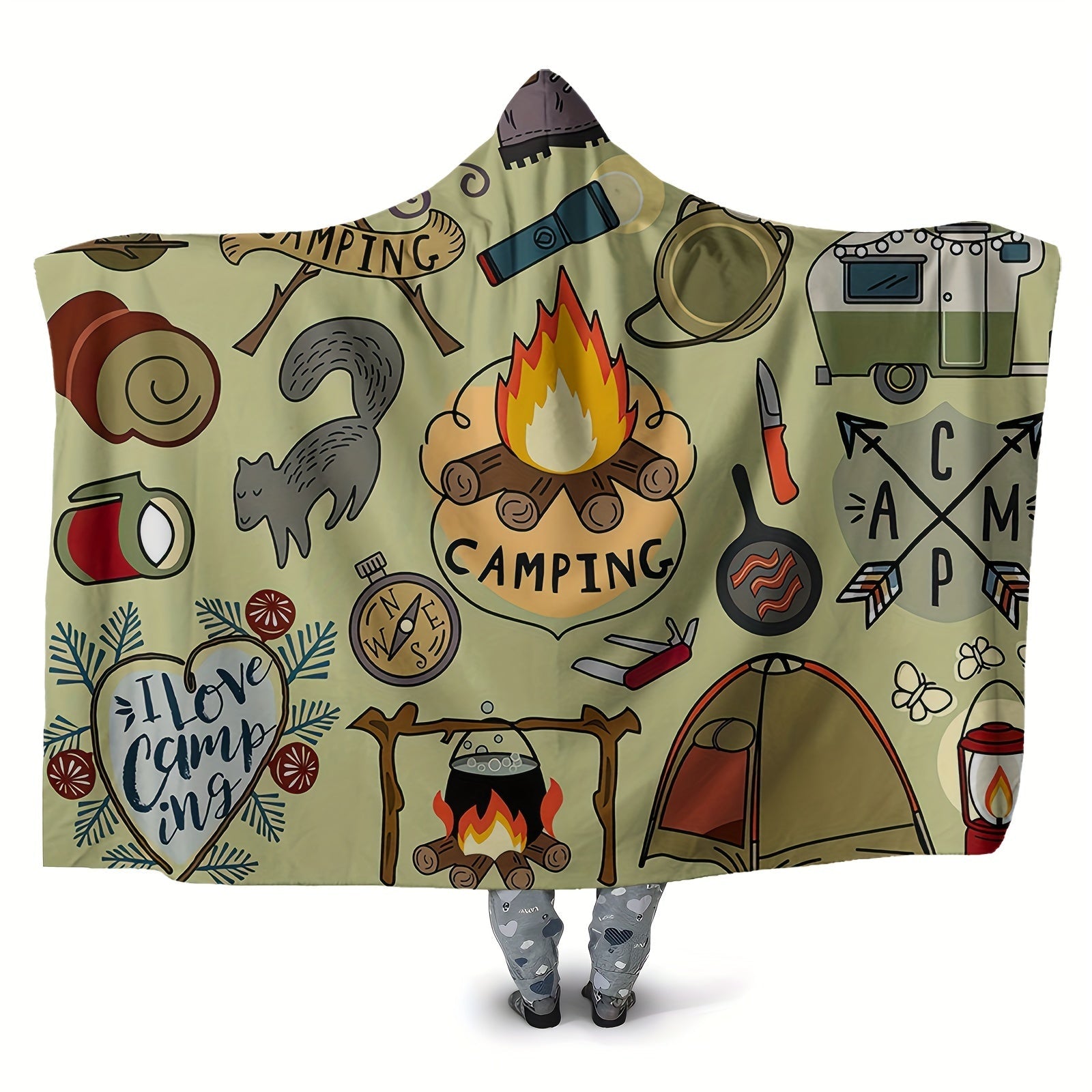 Hooded Blanket for Adults Soft Thick Cozy Camping Travel Lounge Firepit