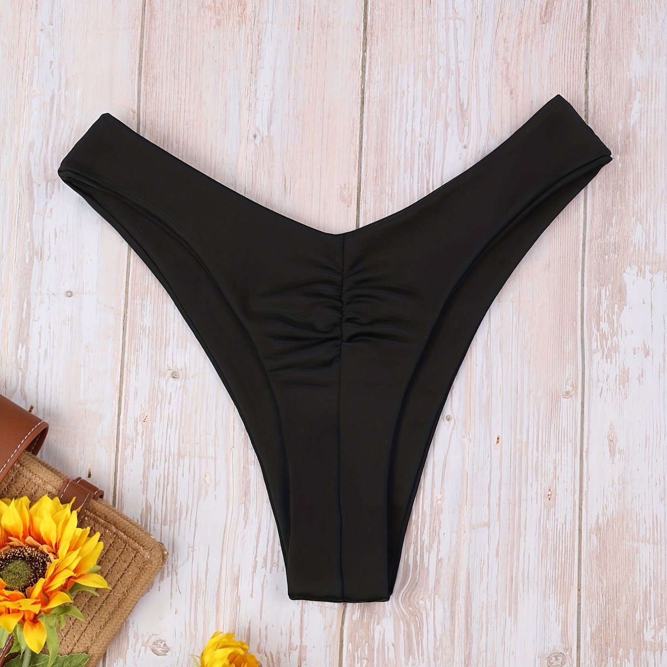 Women's Solid Color High Stretch Nylon Pleated Thong Bikini for Beach Vacation