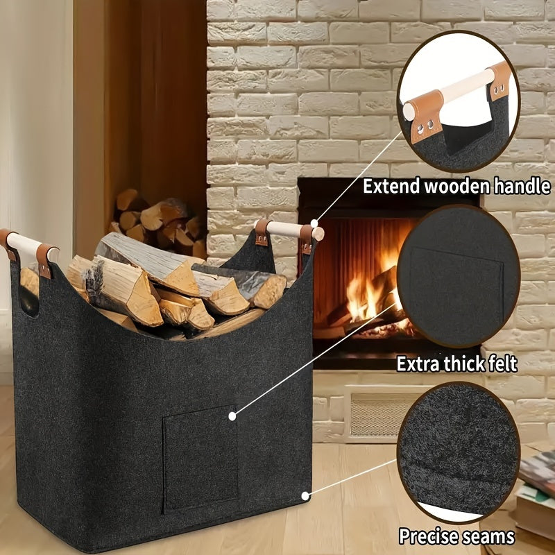 Large Felt Firewood Basket with Extendable Wooden Handle and Side Pocket