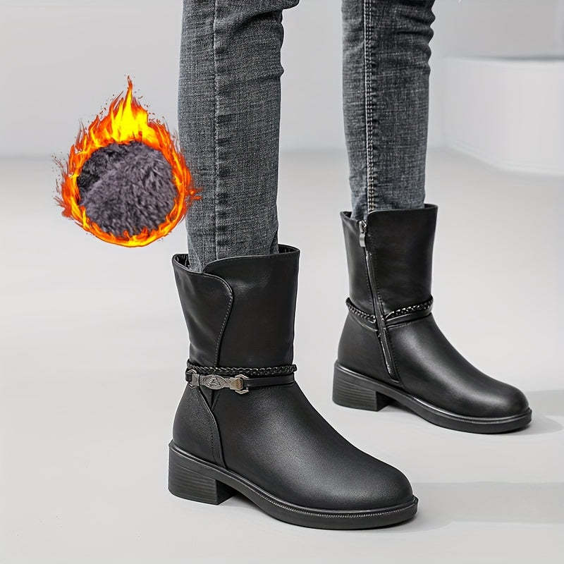 Women's Winter Boots Faux Cover Upper Slip-Resistant Mid-Heel Black