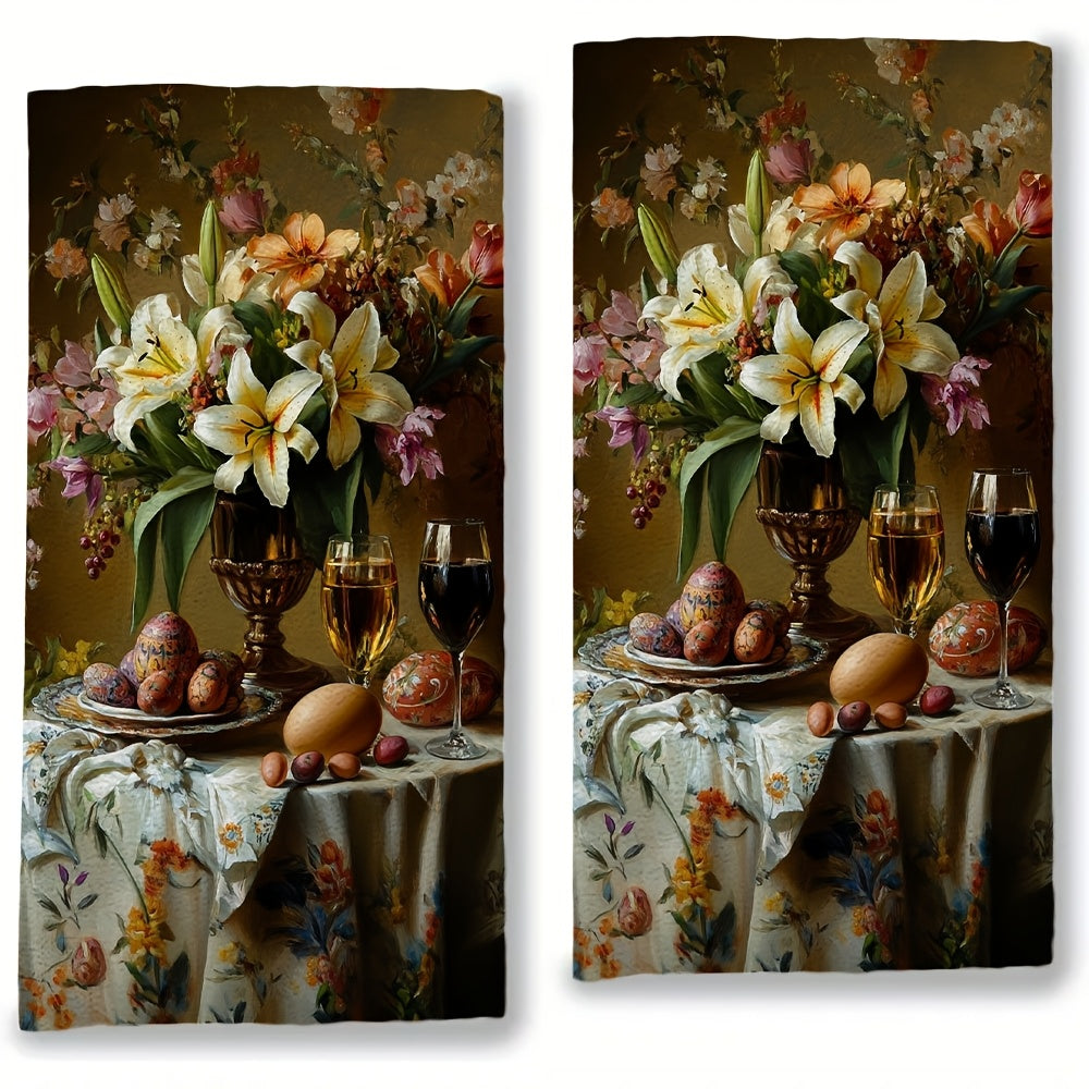 Set of 2 Ultra Soft Kitchen Towels 16x24 Inches Easter Lilies Tulips Absorbent