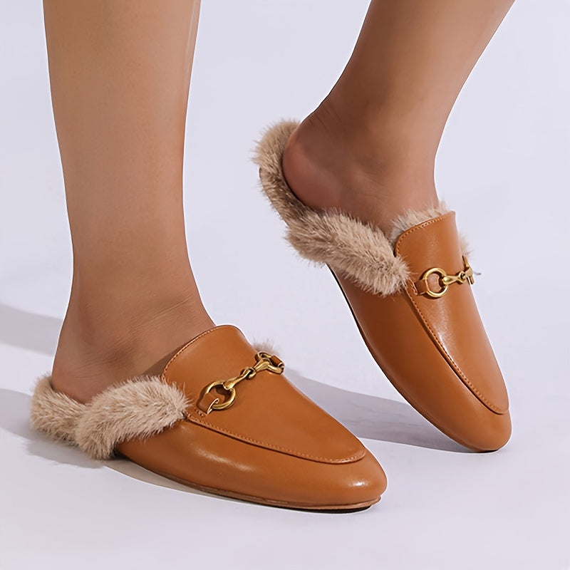 Women's Fluffy Plush Flats with Metallic Buckle Winter Warm Fleece Shoes