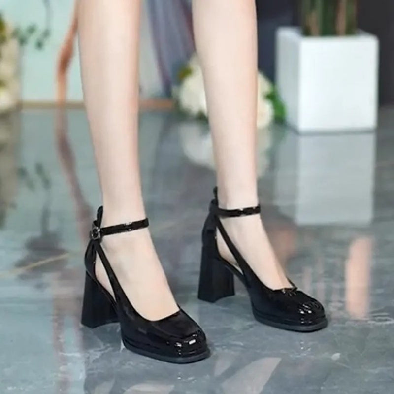 Women Chunky Heel High Heels Square Toe Low Top Shoes Shallow Mouth Rubber