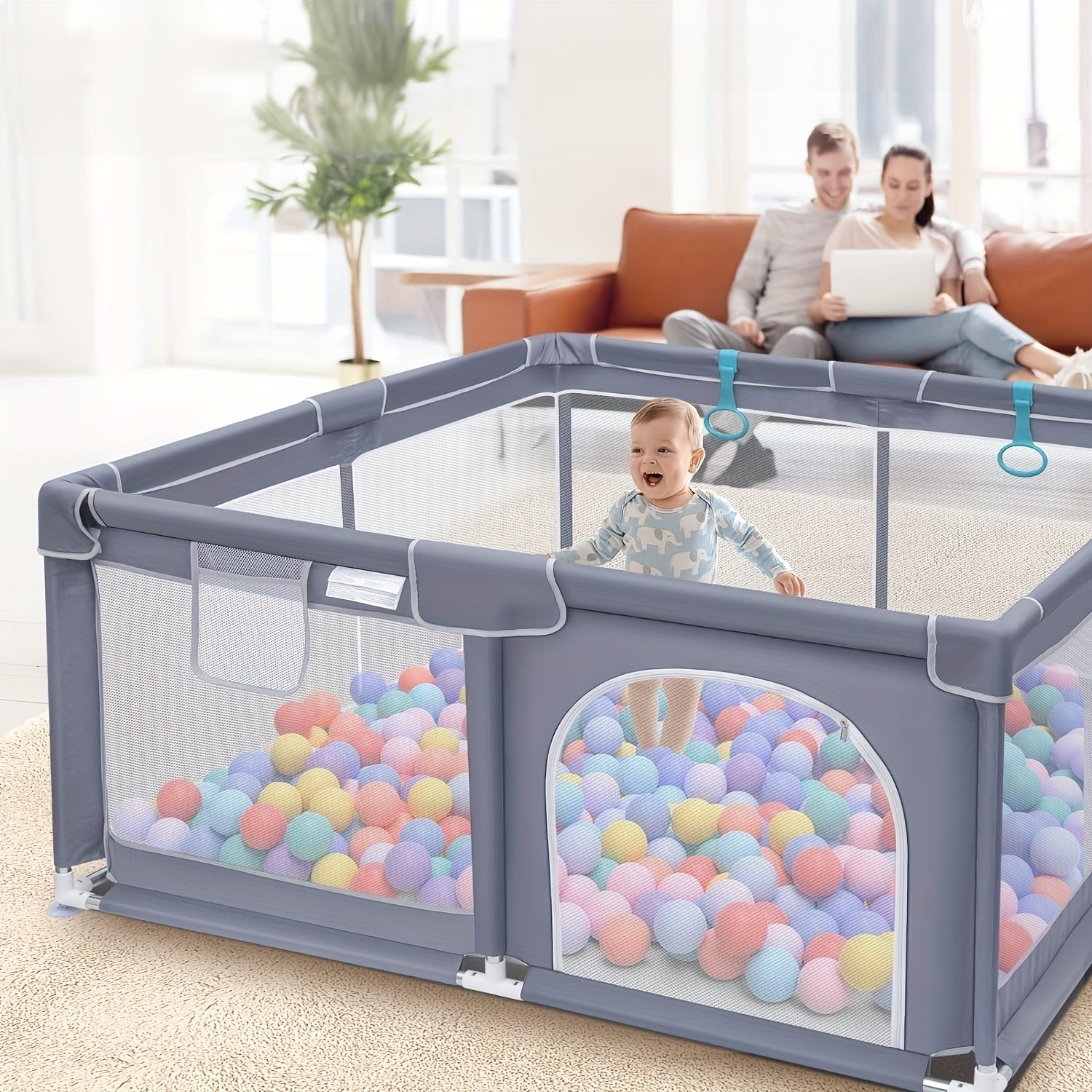 Indoor and Outdoor Playpen with Gate Non-Slip Base Soft Breathable Mesh