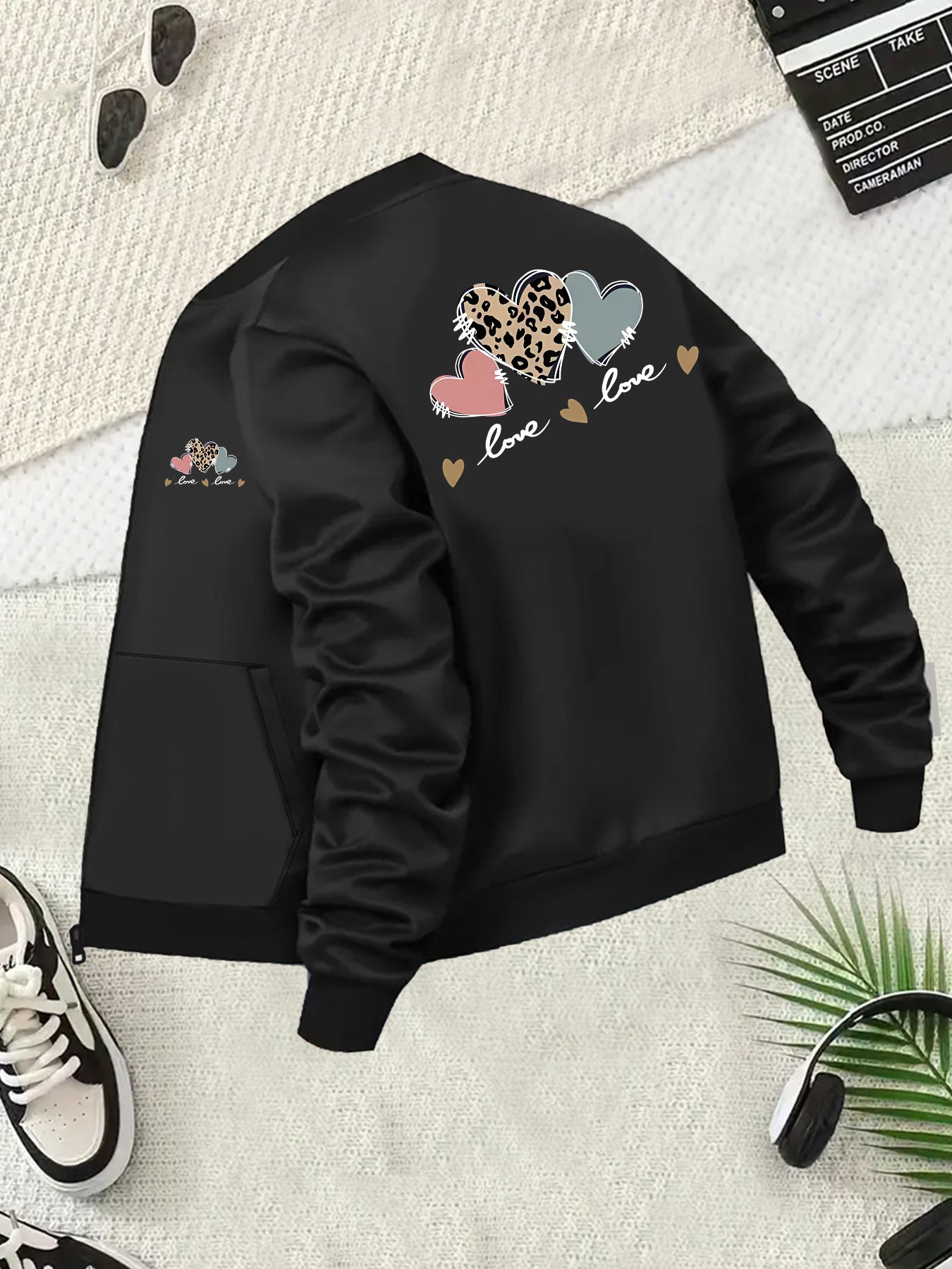 Women’s Black Plus Size Hoodie Jacket with Love Hearts and Leopard Print