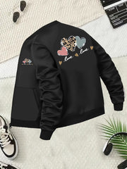 Women’s Black Plus Size Hoodie Jacket with Love Hearts and Leopard Print
