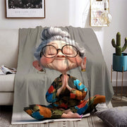 Meditating Grandma Fleece Blanket Soft Warm Cozy for Nap Travel Camping Sofa Bed Office Decor