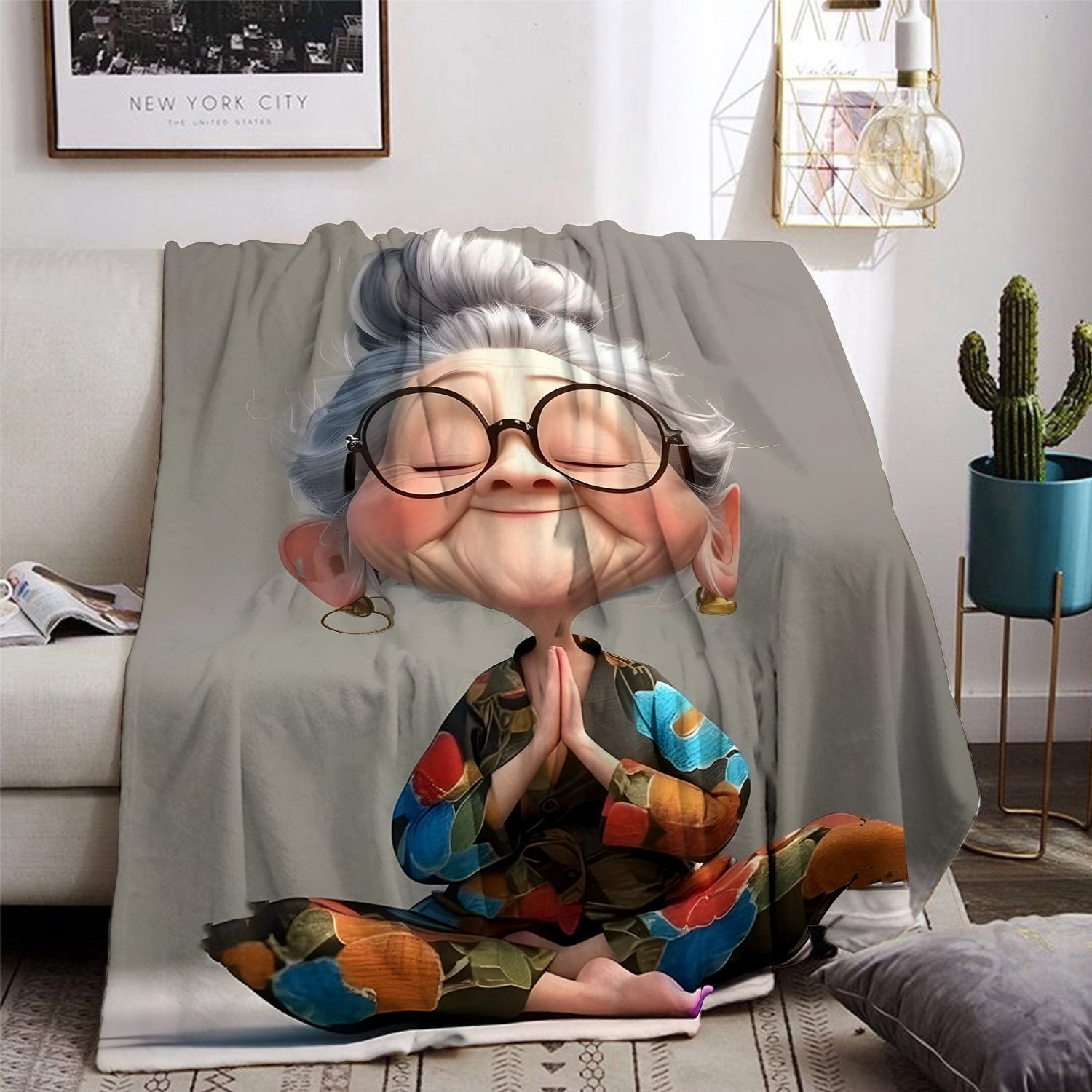 Meditating Grandma Fleece Blanket Soft Warm Cozy for Nap Travel Camping Sofa Bed Office Decor