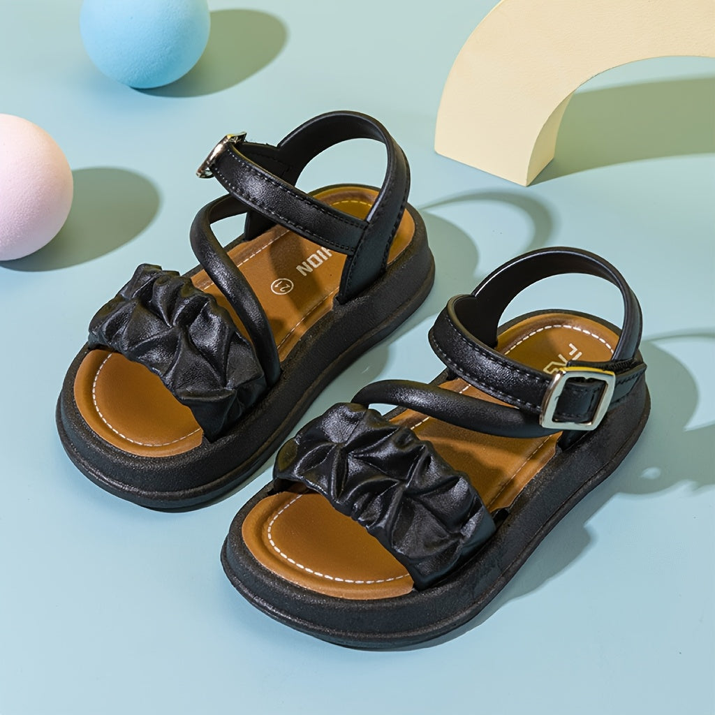 Girls Kids Black PVC Princess Sandals with Ruffled Design and Hook and Loop Closure