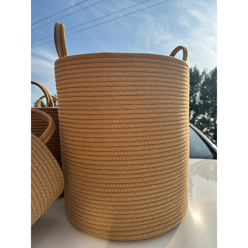 Round Rustic Cotton Rope Laundry Basket with Handles Foldable Storage for Clothes and Toys