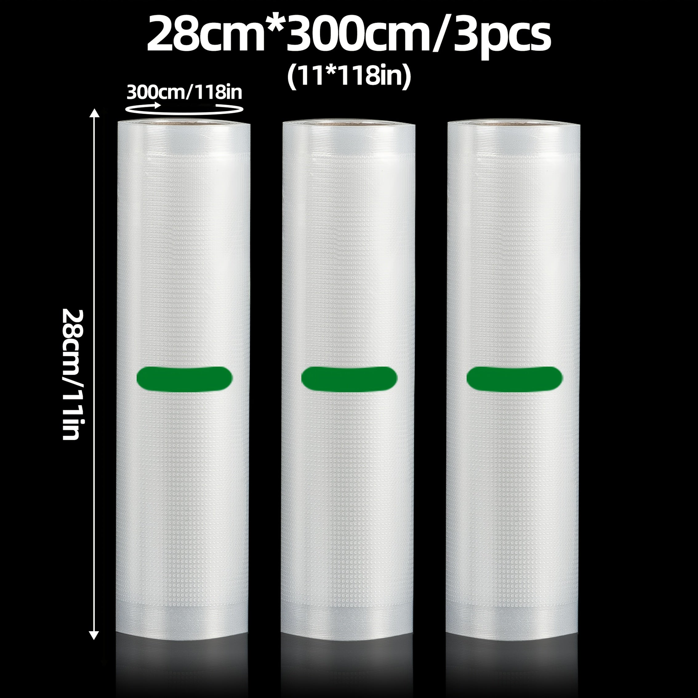 PE+PA materialidan tayyorlangan 3 ta Premium vakuum yopishqoq paketlar, o'lchami 28cm x 300cm (11in x 118in), kesishni osonlashtiradigan mustahkam teksturali dizaynga ega. Ovqat saqlash, sous vide va taom tayyorlash uchun ideal.