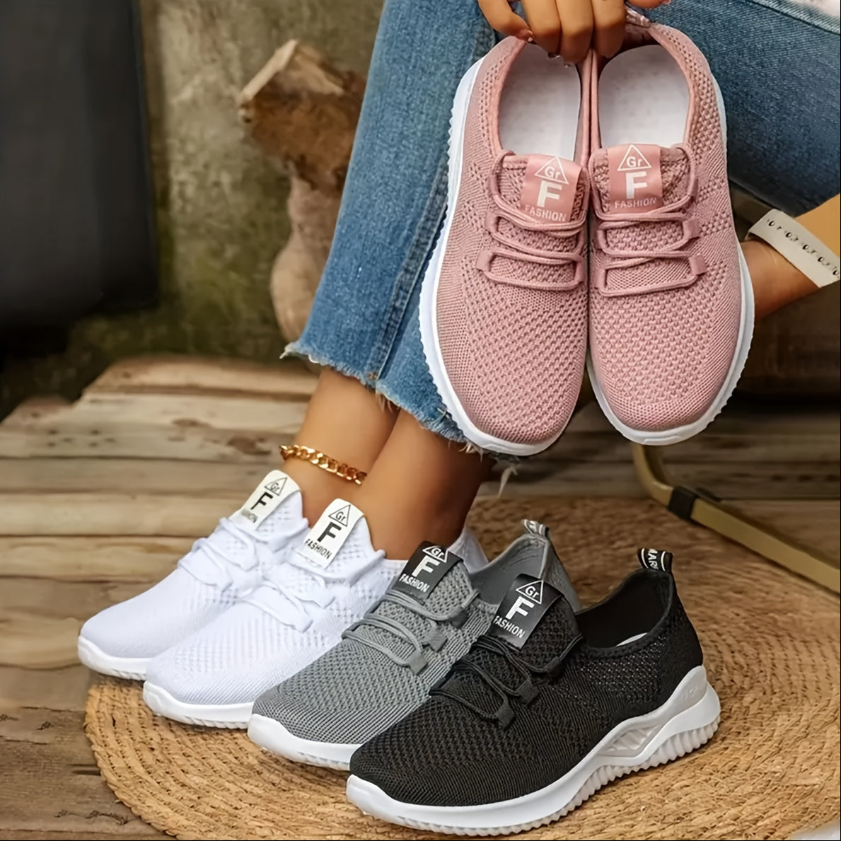 Ayollar uchun nafas oladigan trikotaj sport poyabzali yengil kundalik yugurish poyabzali kulrang pushti oq qora