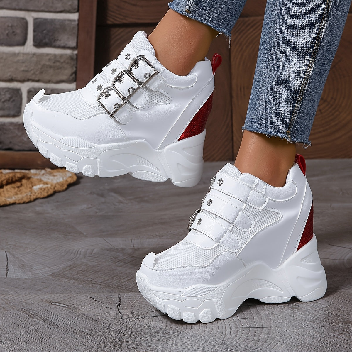 Women's Breathable Mesh Sneakers with Height Increase and Sparkling Sequins