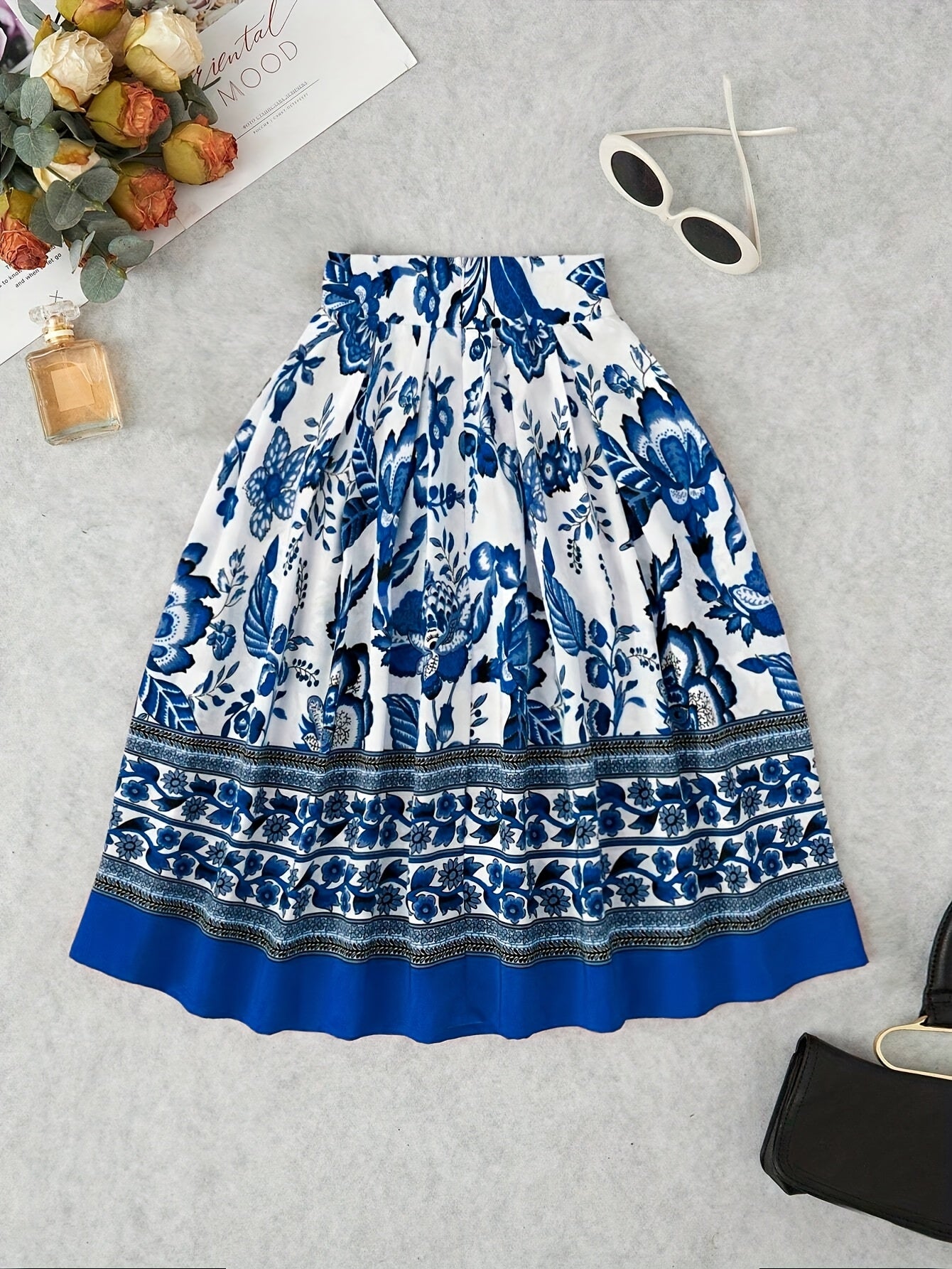 Women's Floral Print Flared Skirt Short Pleated Zipper Machine Washable