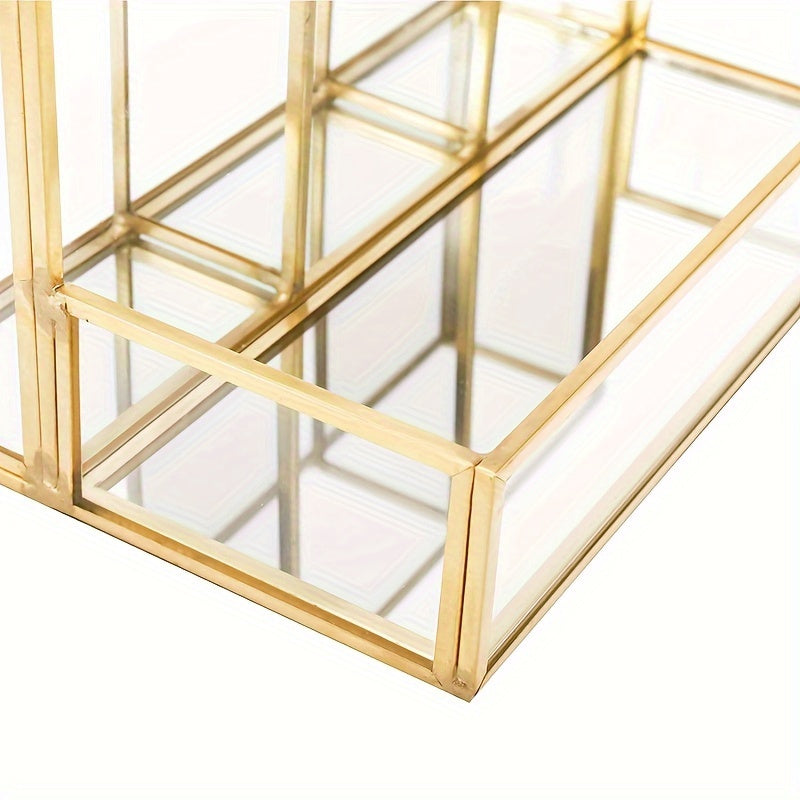 1 dona metall shisha makiyaj cho'tkasi ushlagichi, ko'zgu qozon, kosmetikalar, parfum, tirnoq bo'yog'i, lab bo'yog'i uchun saqlash tokchasi. Uy saqlash va xona bezatish uchun 4 ta to'rtburchak.