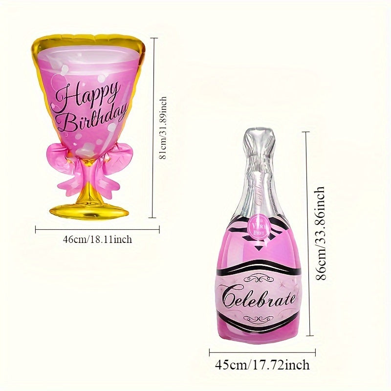2 Pieces Champagne Bottle and Wine Glass Foil Balloon Decorations for Birthday Party