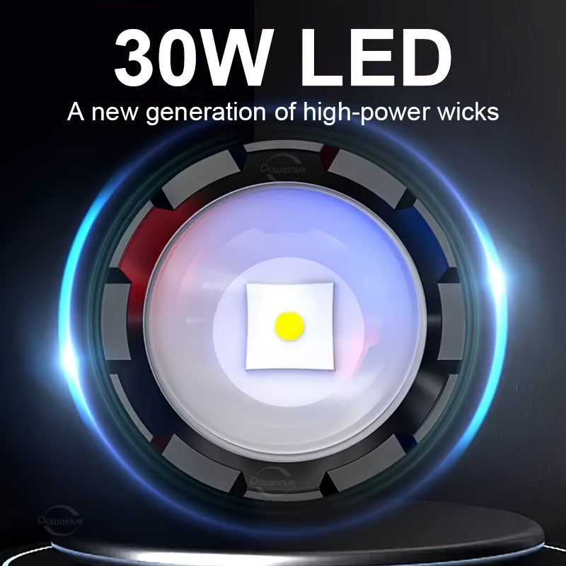 30W тактический светодиодный фонарь USB-заряжаемый водонепроницаемый из алюминиевого сплава с дальнобойным зумом