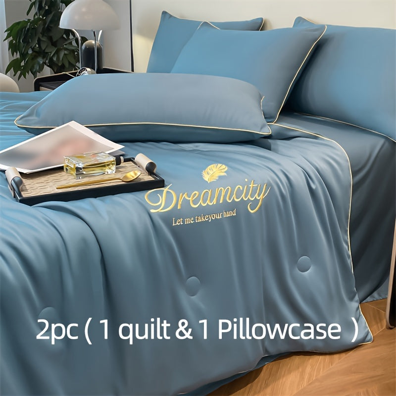 Summer Cooling Quilt Set with Embroidered Microfiber Pillowcases and Quilt