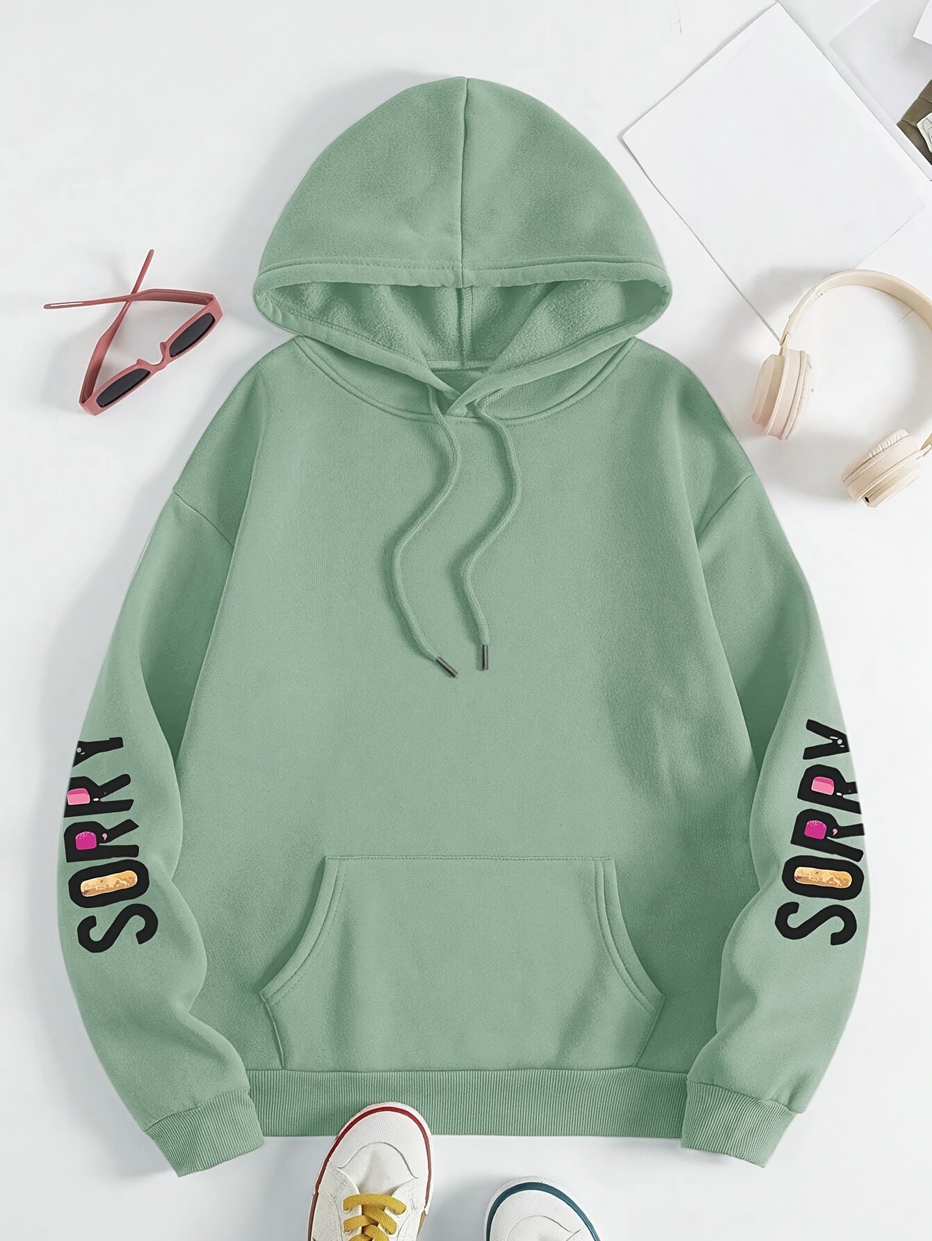 Women's Cozy Polyester Hoodie with Slogan Print, Long Sleeve, Pocket