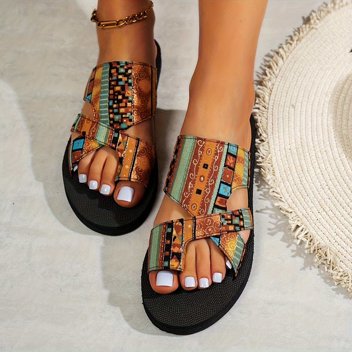 Women's Bohemian Mesh Slip-On Sandals Open-Toe Summer Beach Flats