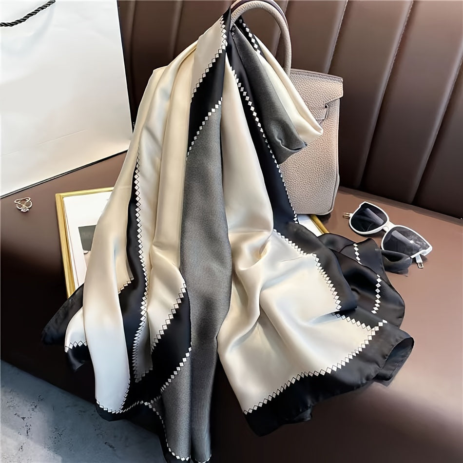 Big V Color Block Satin Shawl for Women Lightweight Windproof Sun Protection Scarf