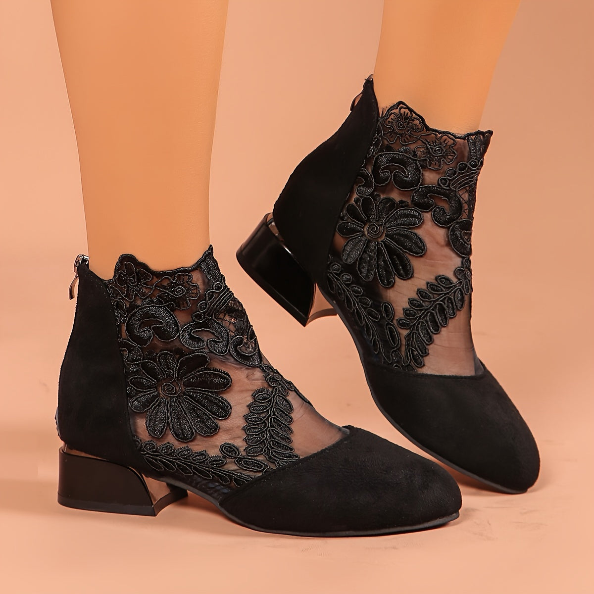 Women's Floral Embroidered Ankle Boots Black Mesh Zipper Mid-Heel